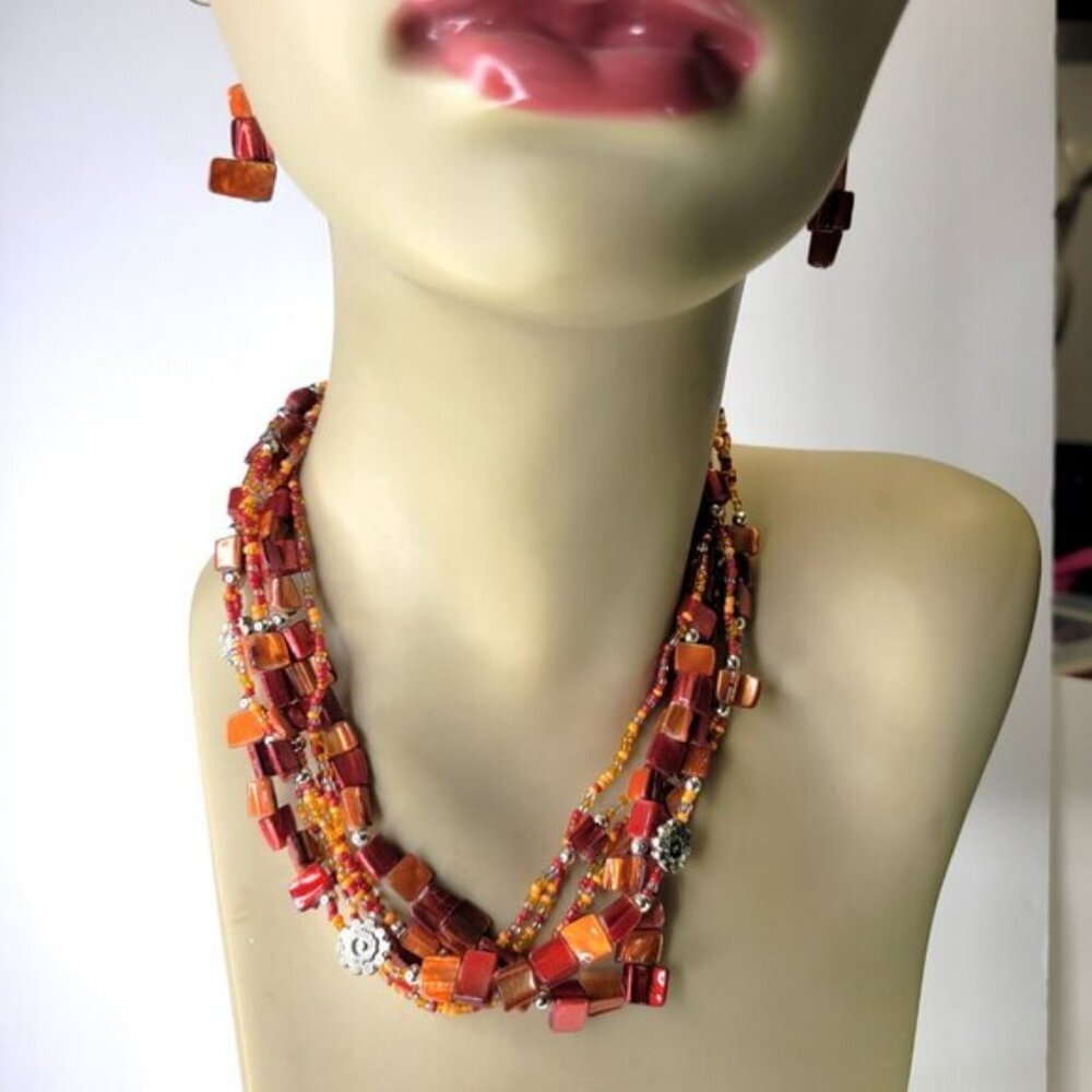Iridescent Red Coral Floral Multi Strand Necklace With Earrings